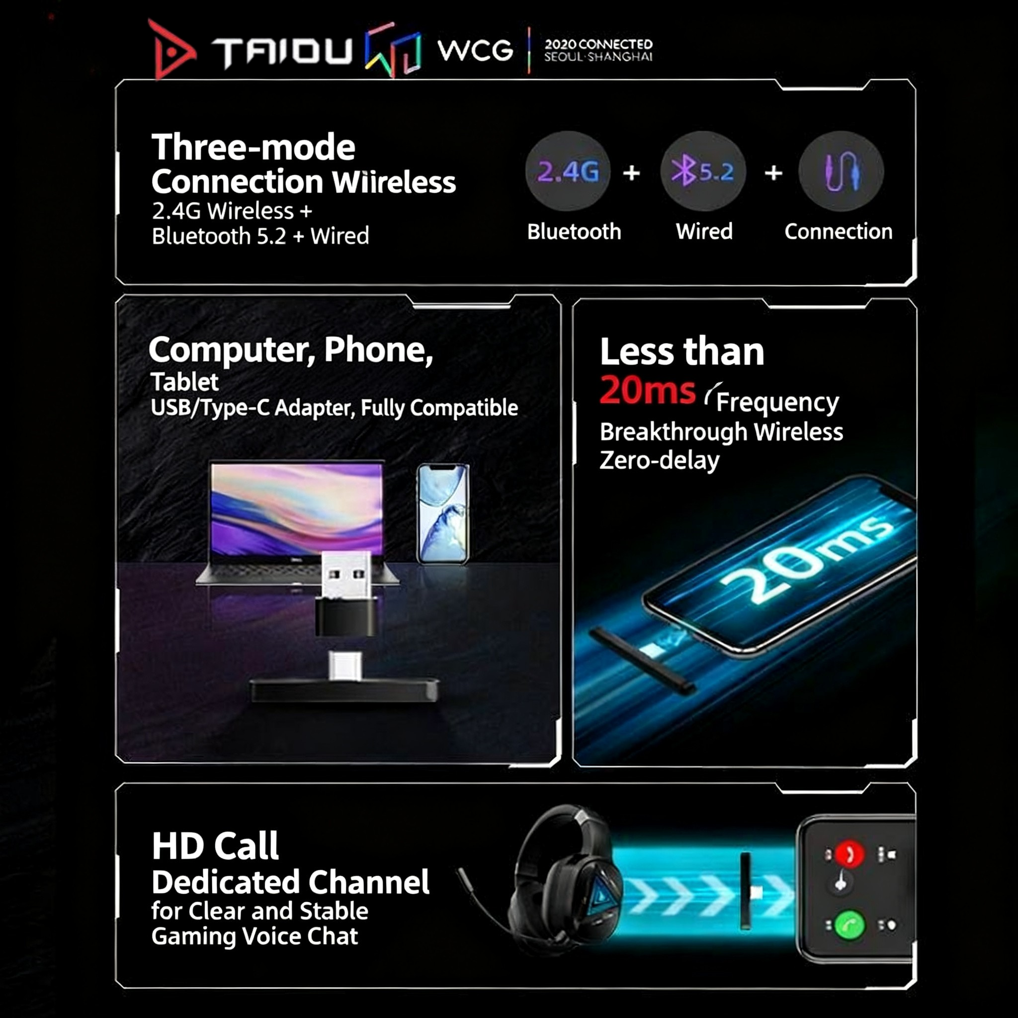 [TAIDU] Phantom 2.4G Quad-Mode Wireless Gaming Headset, Over-Ear, PC Universal, Bluetooth Gaming with Microphone THS320