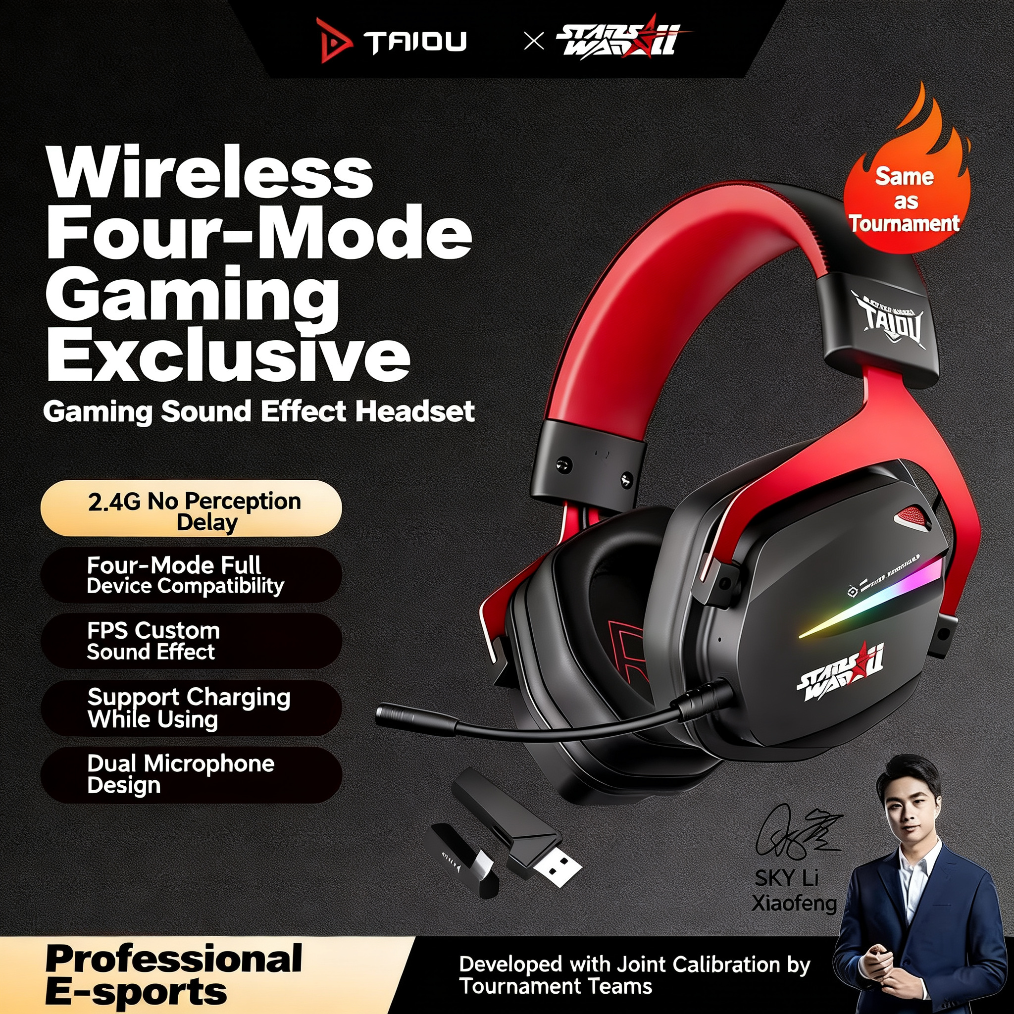TAIDU THS326 "Armor" Quad-Mode Wireless Headphones — Over-Ear Gaming & Esports Headset (Bluetooth / Delta 2.4G) for PC