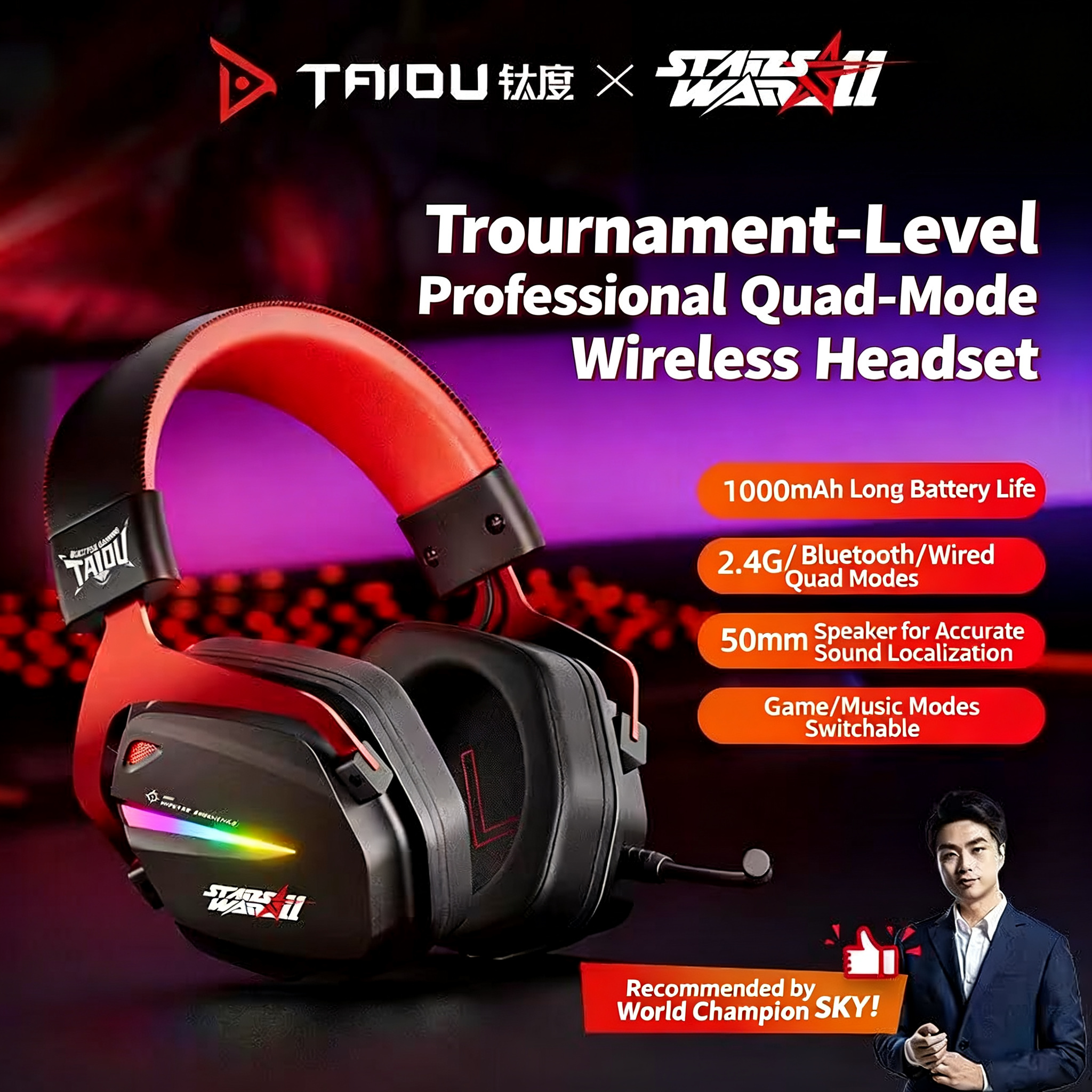 TAIDU THS326 "Armor" Quad-Mode Wireless Headphones — Over-Ear Gaming & Esports Headset (Bluetooth / Delta 2.4G) for PC