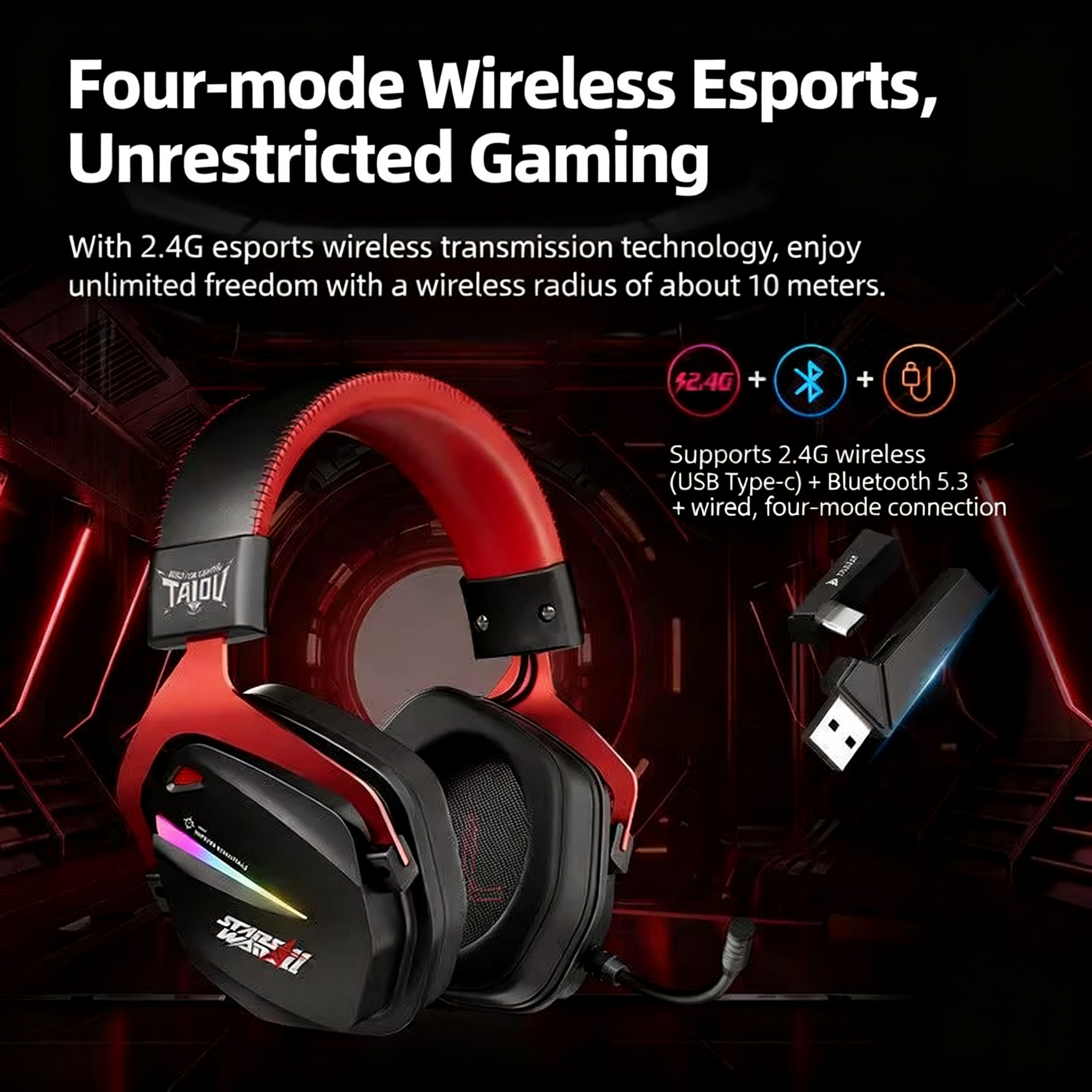 TAIDU THS326 "Armor" Quad-Mode Wireless Headphones — Over-Ear Gaming & Esports Headset (Bluetooth / Delta 2.4G) for PC