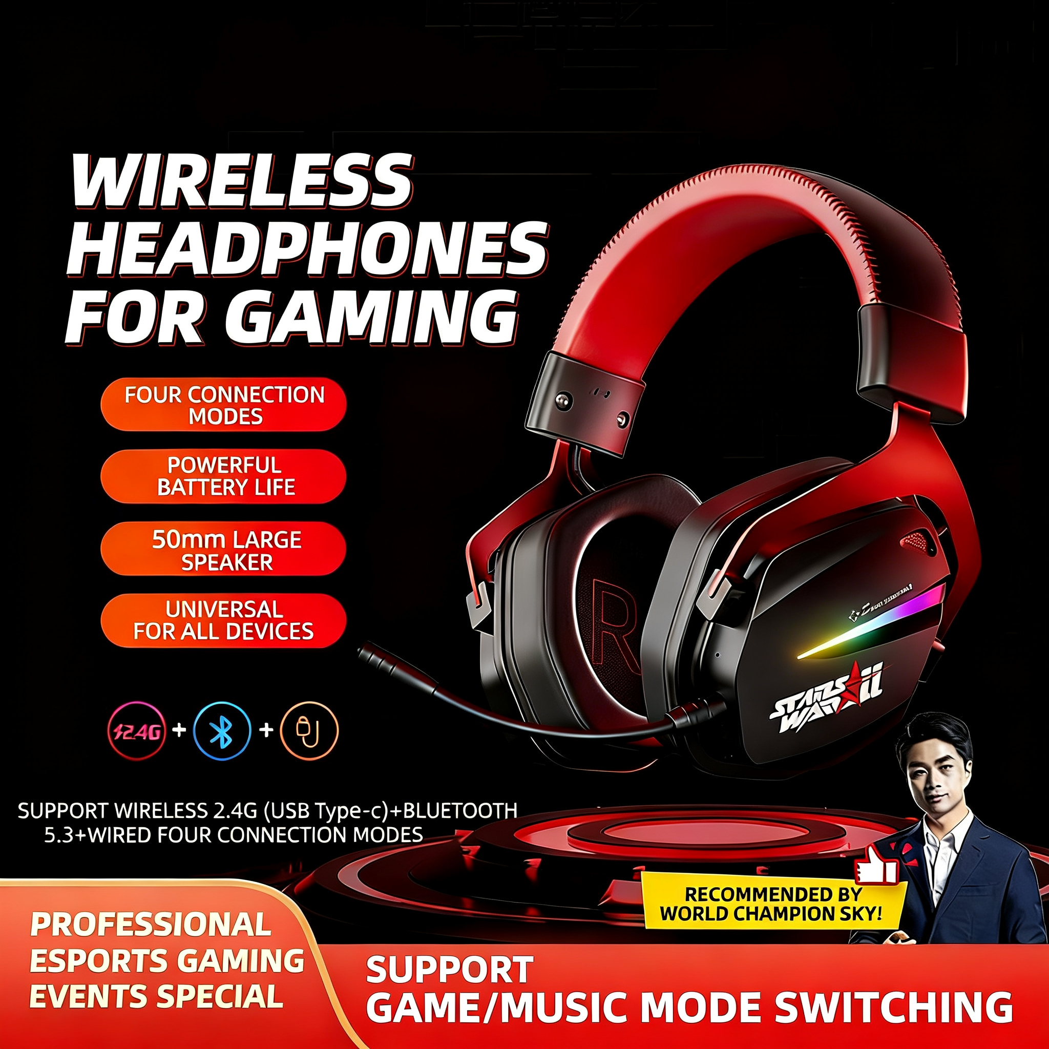 TAIDU THS326 "Armor" Quad-Mode Wireless Headphones — Over-Ear Gaming & Esports Headset (Bluetooth / Delta 2.4G) for PC